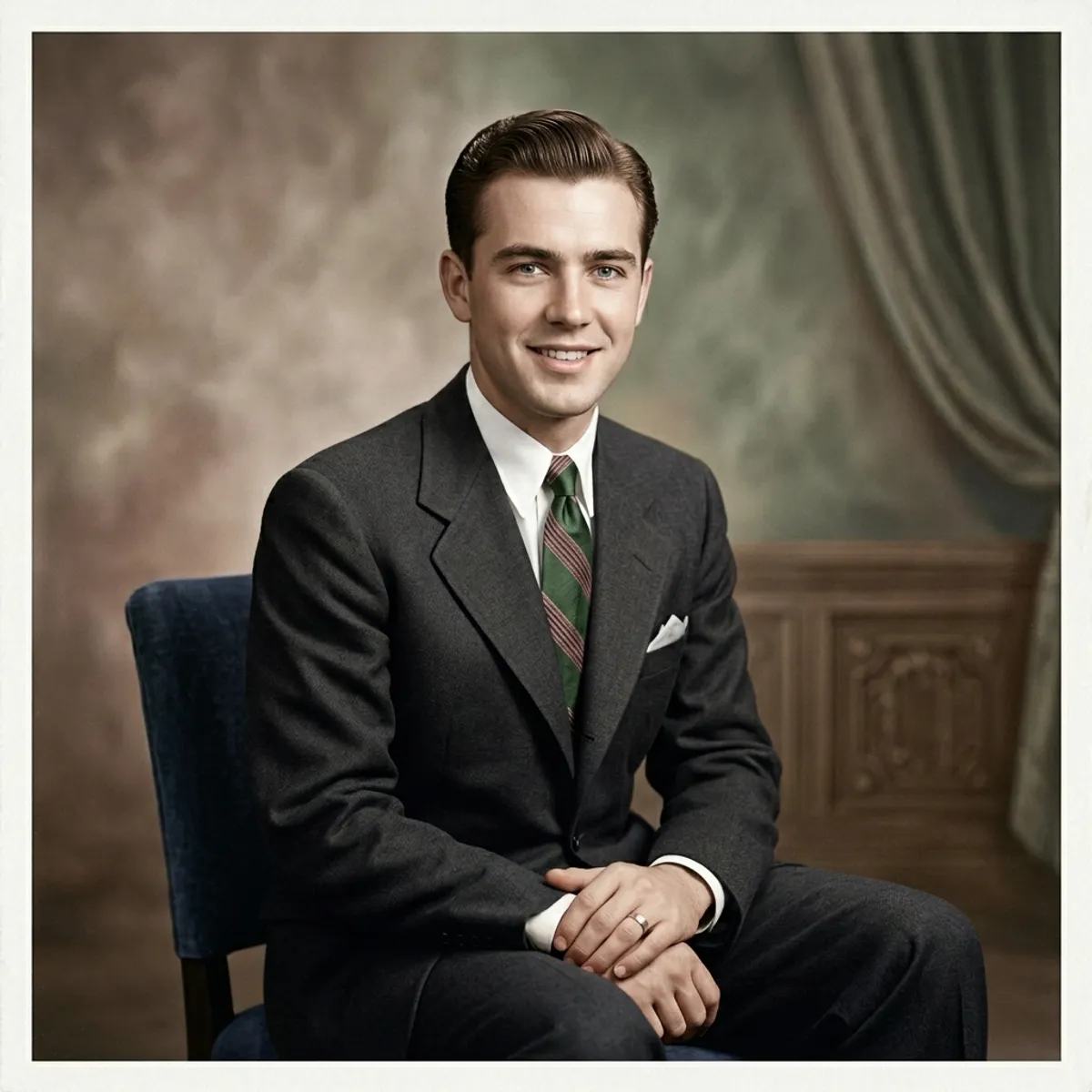 Retrato a preto e branco dos anos 40 restaurado com IA