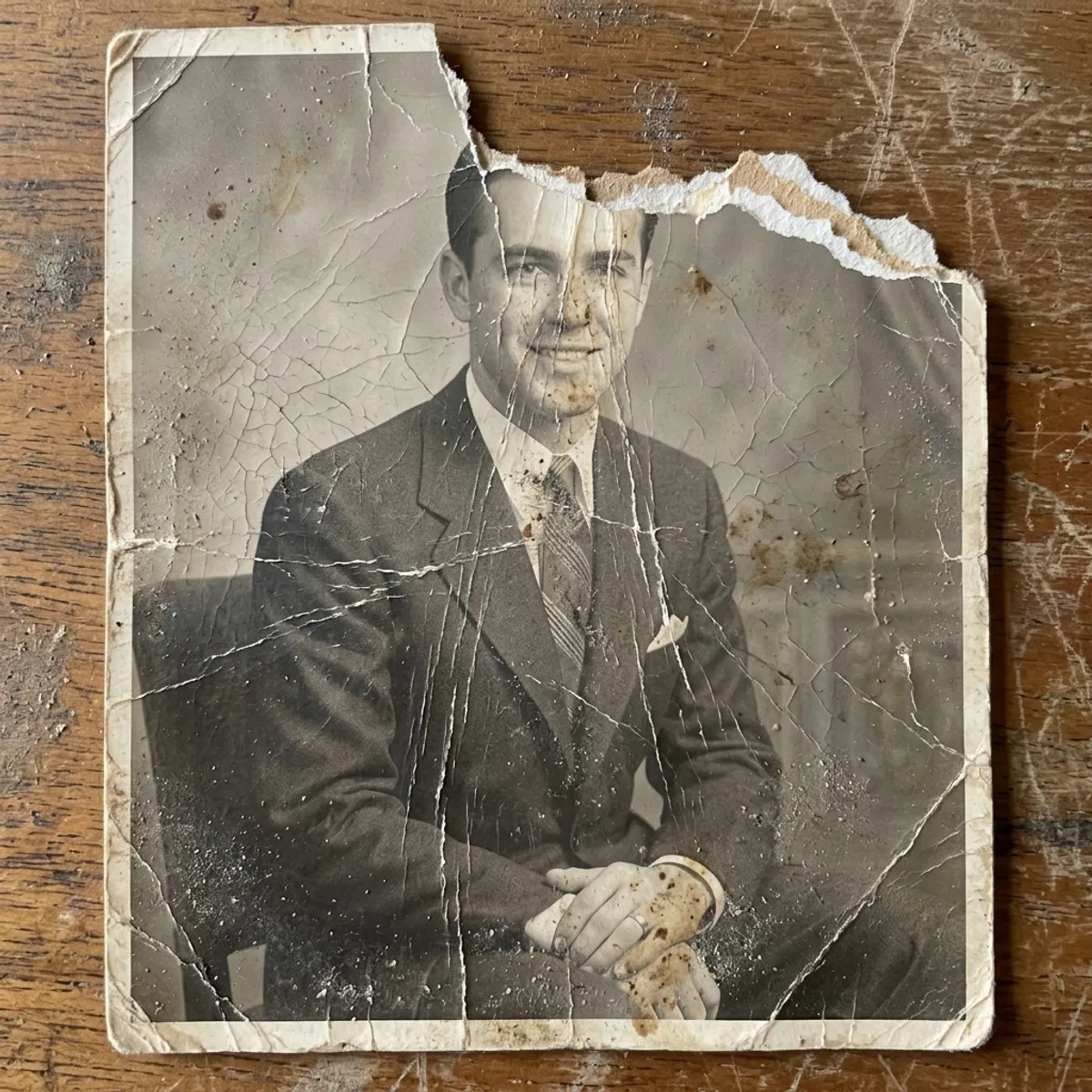 Fotografia a preto e branco dos anos 40, danificada, antes do restauro