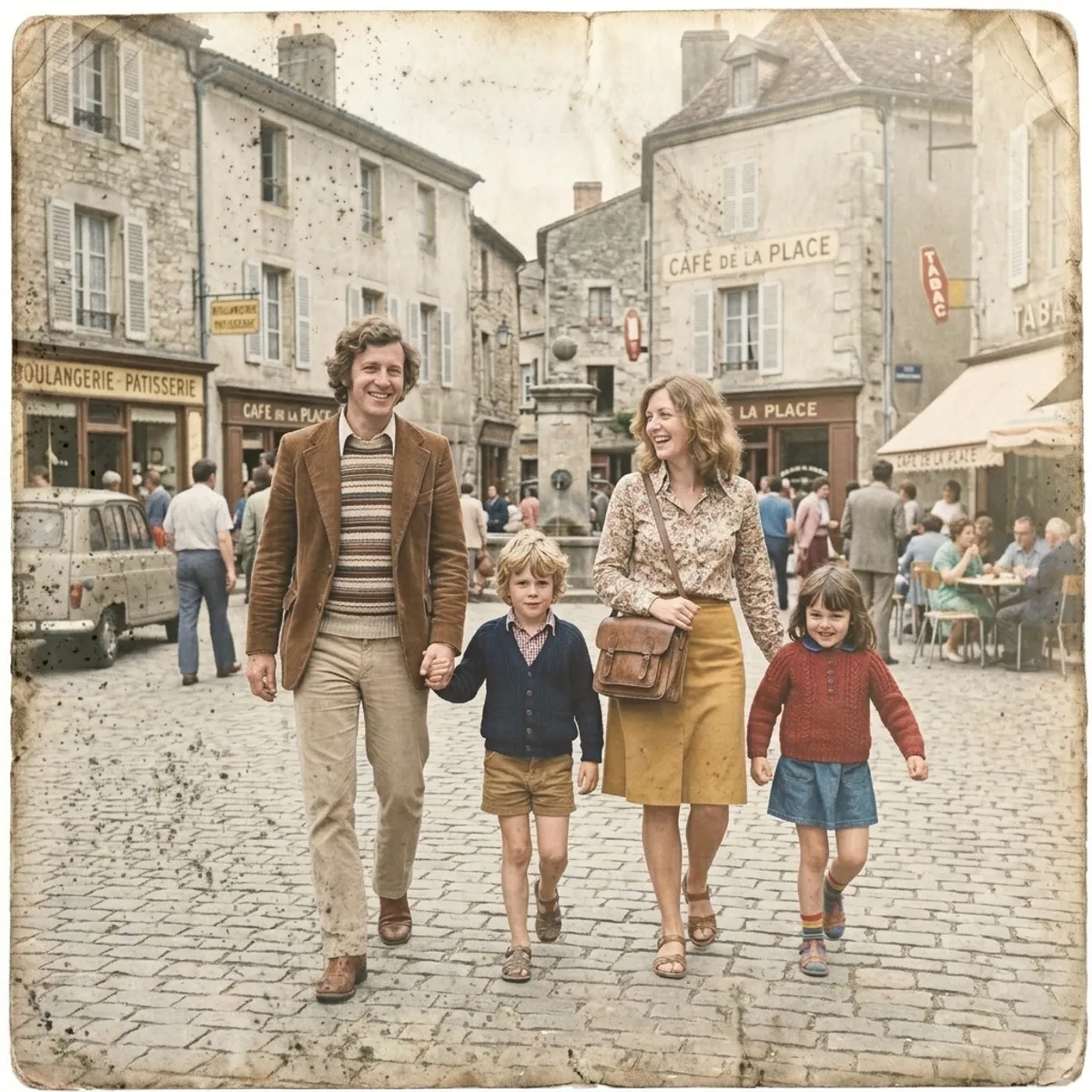 Fotografia de família dos anos 70 desbotada pelo sol e com manchas de água, antes do restauro