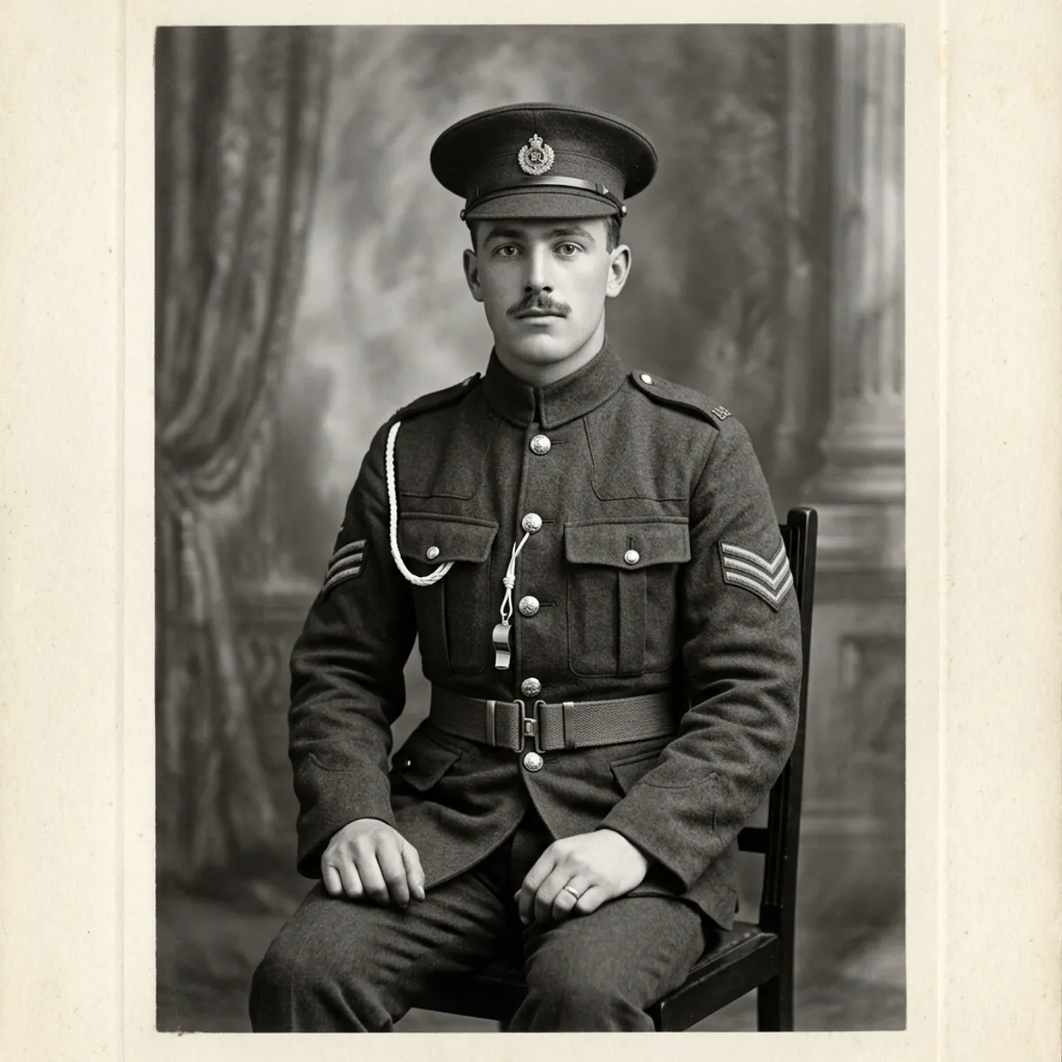 Retrato de soldado dos anos 10 restaurado, original vincado ao lado da versão reparada