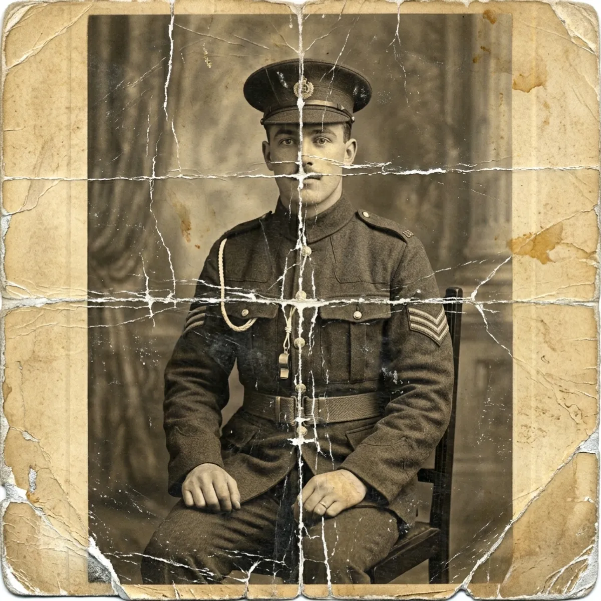 Retrato de soldado dos anos 10 com vincos profundos e oxidação prateada, antes do restauro